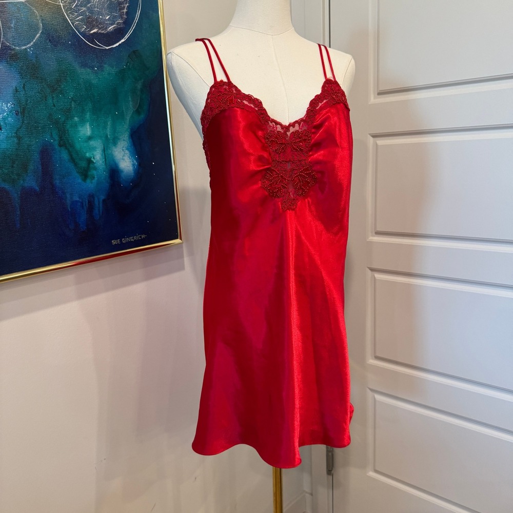 Vintage Victorias Secret Gold Label Red Satin Lace Beaded Slip Dress Size Small